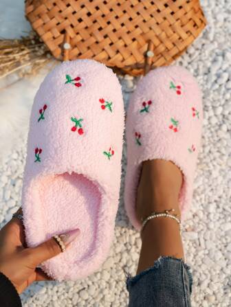 Fall/Winter Women's Cherry Embroidered Quiet Slippers, Cute Cherry Design, Super Soft & Cushioned, Slip-On Slippers For Bedroom/Home Use,Christmas Outfits