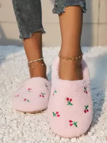 Fall/Winter Women's Cherry Embroidered Quiet Slippers, Cute Cherry Design, Super Soft & Cushioned, Slip-On Slippers For Bedroom/Home Use,Christmas Outfits,Fluffy Slippers