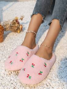 Fall/Winter Women's Cherry Embroidered Quiet Slippers, Cute Cherry Design, Super Soft & Cushioned, Slip-On Slippers For Bedroom/Home Use,Christmas Outfits,Fluffy Slippers