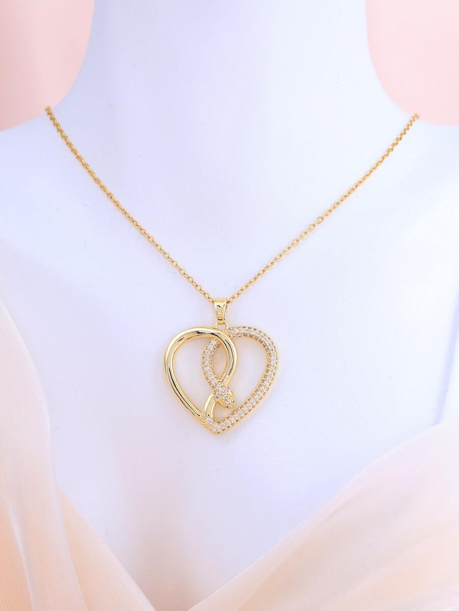 Cubic Zirconia Snake Decor Heart Charm Necklace - Multicolor - View 1