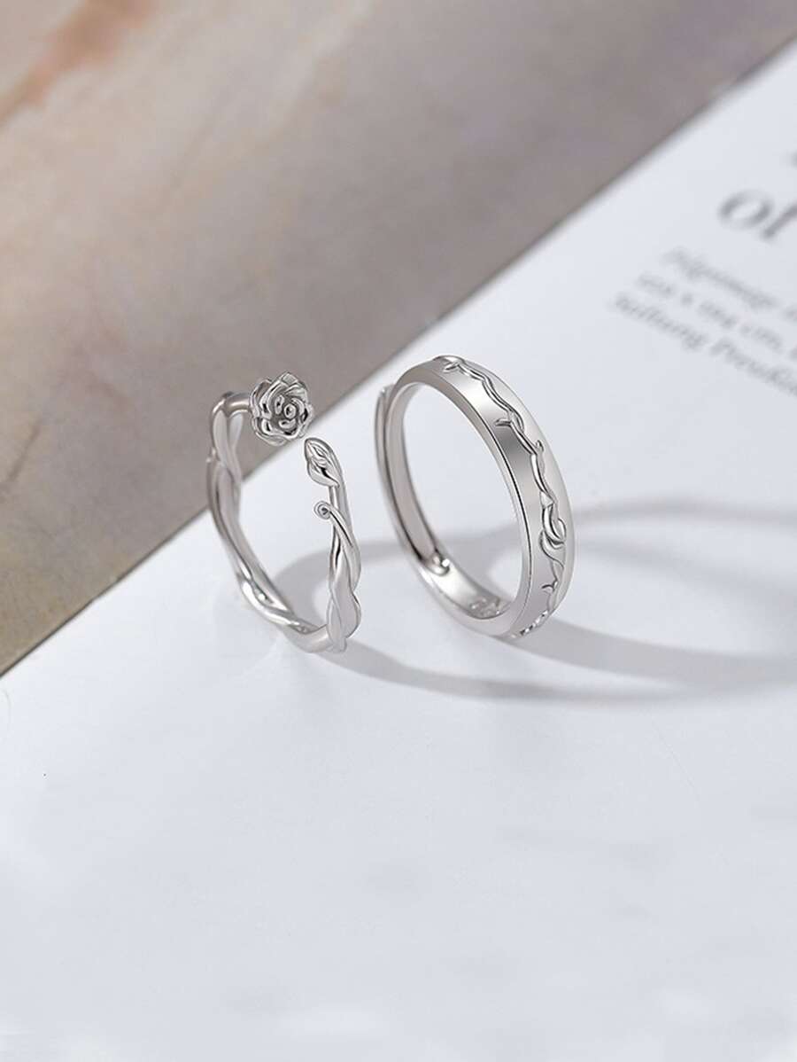 2 chiếc nhẫn đôi trang trí hoa bằng đồng thời trang và phổ biến dành cho nam giới để làm quà tặng trang sức và cho vẻ ngoài sành điệu - Bạc - Xem 1