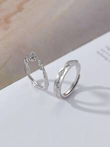 2 chiếc nhẫn đôi trang trí hoa bằng đồng thời trang và phổ biến dành cho nam giới để làm quà tặng trang sức và cho vẻ ngoài sành điệu - Bạc - Xem 3