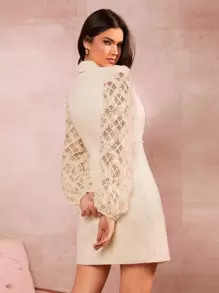 SHEIN BAE 西裝領蕾絲燈籠袖雙排釦粗花呢西裝洋裝 - 米色 - 查看 2