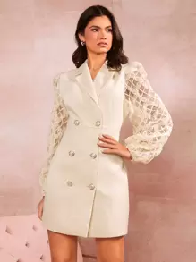 SHEIN BAE 西裝領蕾絲燈籠袖雙排釦粗花呢西裝洋裝 - 米色 - 查看 4