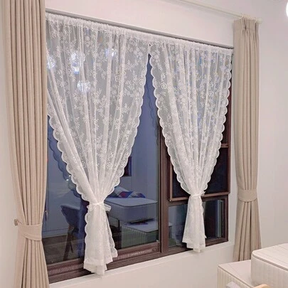 1pc White Flower Embroidery Single Panel Sheer Curtain,Romantic Polyester Single Panel Blackout Curtain For Bedroom And Living Room
