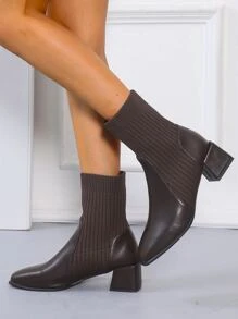 Chunky Heeled Slip On Sock Boots - Brown - View 1