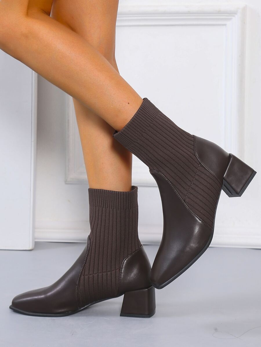 Chunky Heeled Slip On Sock Boots - Brown - View 1