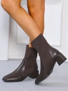 Chunky Heeled Slip On Sock Boots - Brown - View 3