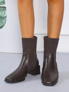 Chunky Heeled Slip On Sock Boots - Brown - View 4