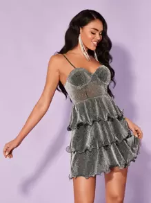 SHEIN BAE Đầm Tương phản Mesh Xù nhỏ phân lớp Dây kéo màu trơn Buổi tiệc - Xám - Xem 8