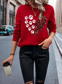 SHEIN LUNE Leopard & Heart Print Thermal Lined Sweatshirt - Red - View 4