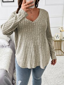 SHEIN LUNE Camiseta de cuello V tejido jaspeado - Caqui - Ver 9