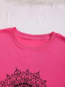 SHEIN LUNE Plus Mandala Print Thermal Lined Sweatshirt - Hot Pink - View 4