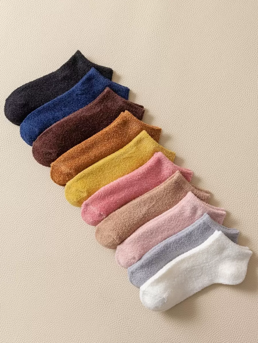 10對素色毛茸茸短襪 - 彩色 - 查看 1