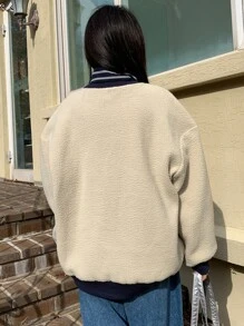 DAZY Letter Graphic Drop Shoulder Teddy Pullover - Beige - View 2