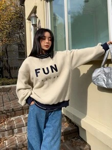 DAZY Letter Graphic Drop Shoulder Teddy Pullover - Beige - View 6