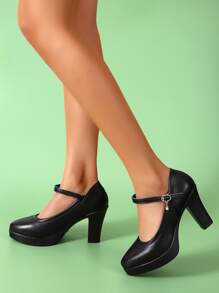 Chunky Heeled Mary Jane Pumps, Women's High Heel Mary Jane Shoes With Diamante Solid Color, Black Elegant Strap Buckle - Black - View 1