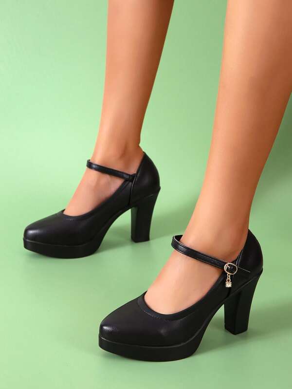 Chunky Heeled Mary Jane Pumps, Women's High Heel Mary Jane Shoes With