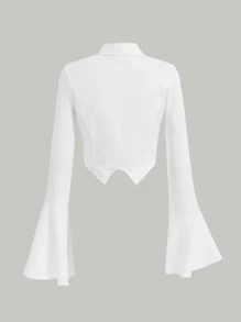 SHEIN MOD 荷葉袖不對稱下擺襯衫 - 白色 - 查看 8