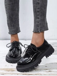 Flatform Lace-up Front Oxford Shoes - Black - View 2
