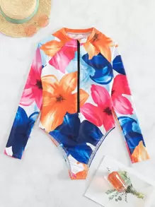 SHEIN Swim Summer Beach Floral Print Zip Front One Piece Swimsuit, Random Print - Multicolor - View 8