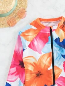 SHEIN Swim Summer Beach Floral Print Zip Front One Piece Swimsuit, Random Print - Multicolor - View 6