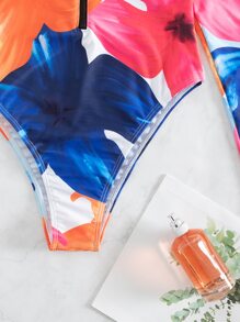 SHEIN Swim Summer Beach Floral Print Zip Front One Piece Swimsuit, Random Print - Multicolor - View 7