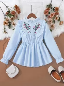 SHEIN Explorewe Tween Girl Striped Floral Print Ruffle Trim Flounce Sleeve Peplum Blouse - Baby Blue - View 1