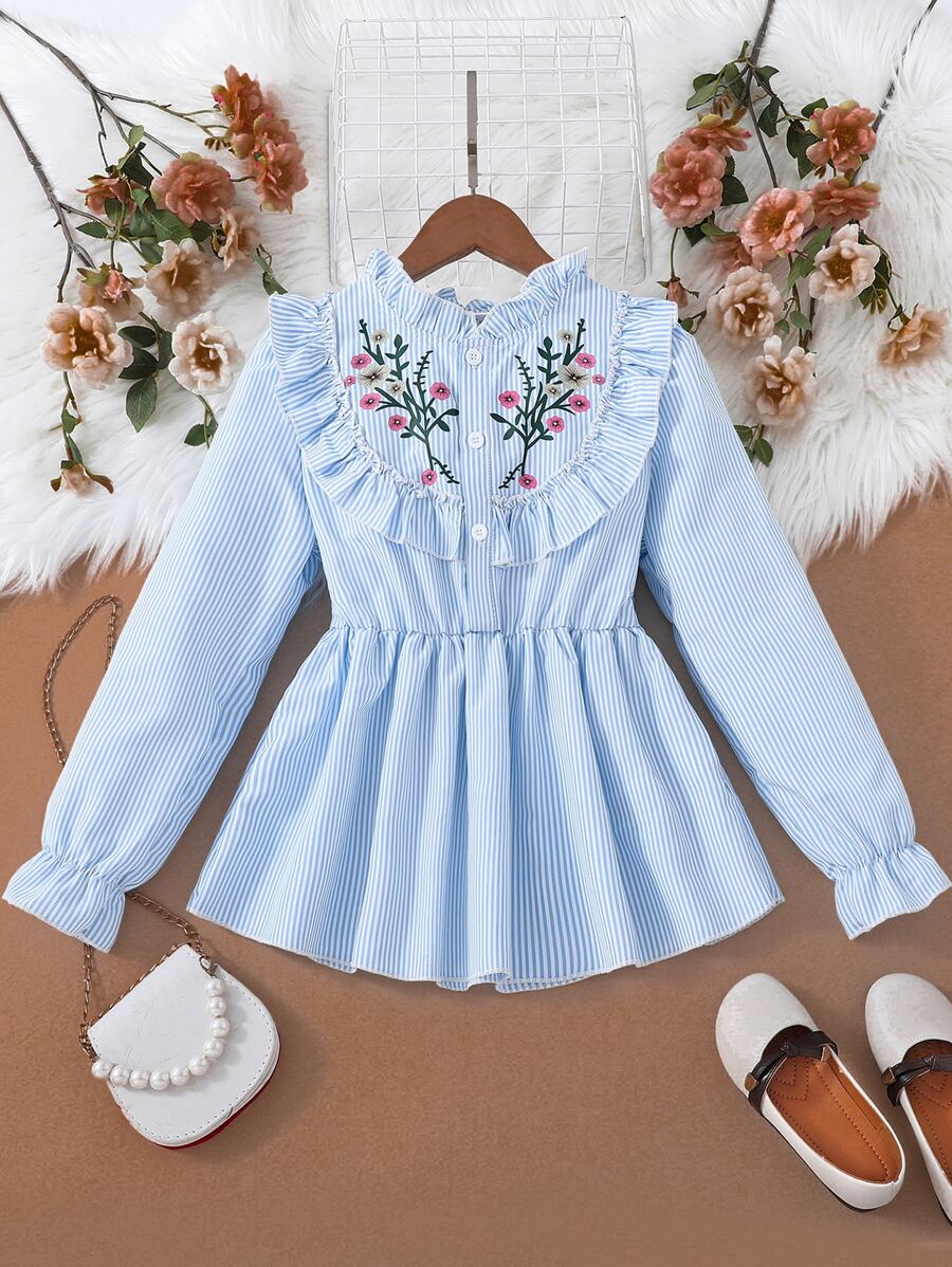 SHEIN Explorewe Tween Girl Striped Floral Print Ruffle Trim Flounce Sleeve Peplum Blouse - Baby Blue - View 1