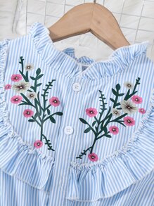 SHEIN Explorewe Tween Girl Striped Floral Print Ruffle Trim Flounce Sleeve Peplum Blouse - Baby Blue - View 3