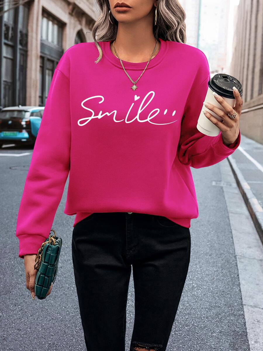 INAWLY Letter Graphic Thermal Lined Sweatshirt,Long Sleeve Tops Pullover Fall Sweatshirt - Hot Pink - View 1