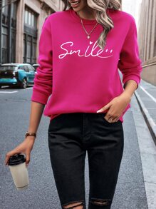 INAWLY Letter Graphic Thermal Lined Sweatshirt,Long Sleeve Tops Pullover Fall Sweatshirt - Hot Pink - View 4