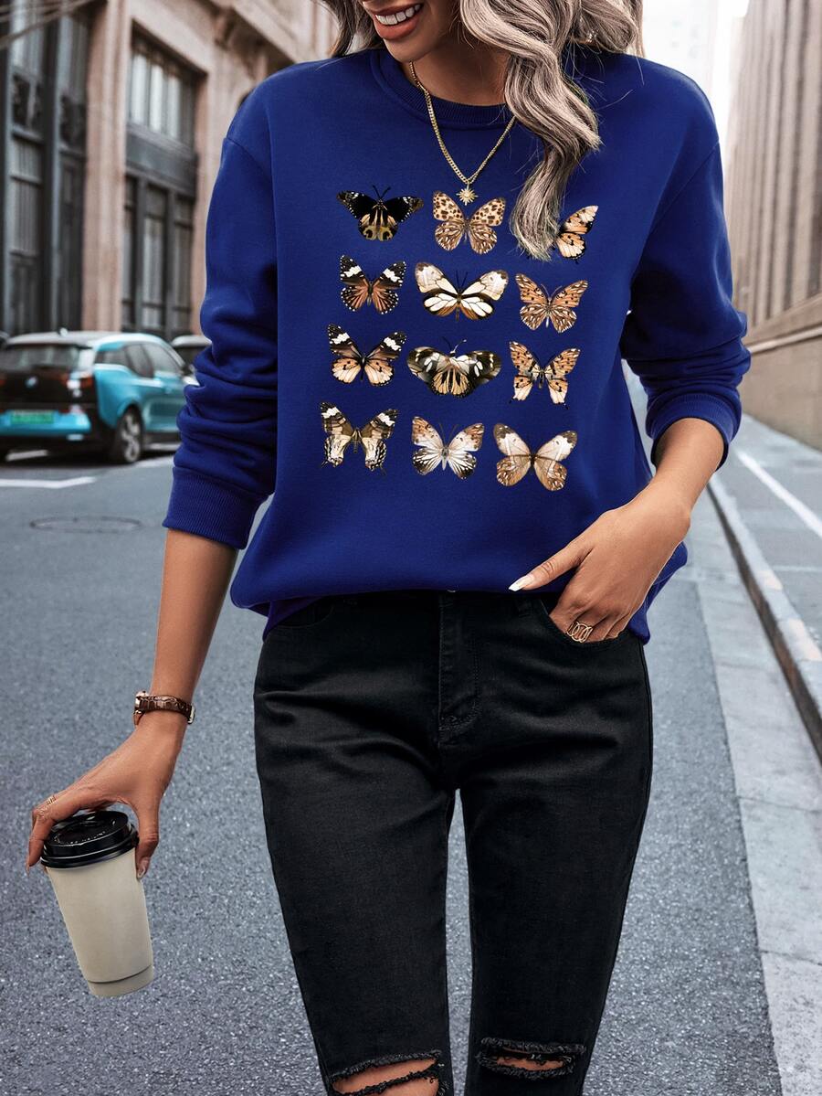 SHEIN Essnce Butterfly Print Thermal Lined Sweatshirt - Royal Blue - View 1