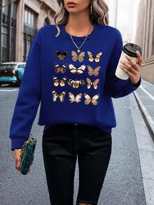 SHEIN Essnce Butterfly Print Thermal Lined Sweatshirt - Royal Blue - View 3