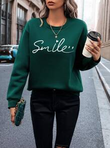 INAWLY Letter Graphic Thermal Lined Sweatshirt,Long Sleeve Tops Graduation,Back To School,Graduation,Teacher For Women,Back To School Pullover Fall Sweatshirt - Dark Green - View 4