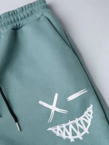 Manfinity 男士雙色卡通臉圖案抽繩連帽衫和運動褲 - 青碧色 - 查看 3