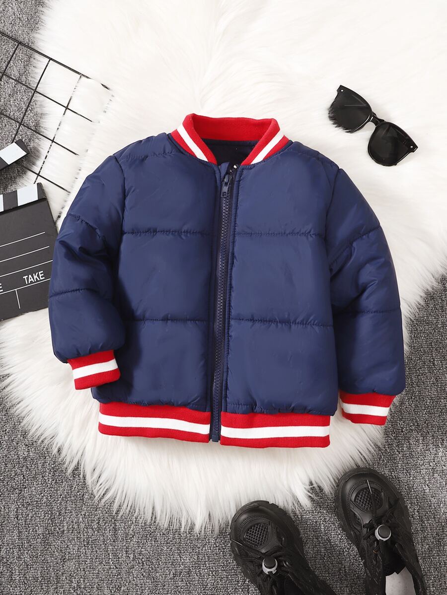 Toddler Boys Striped Trim Zipper Puff Bomber Jacket - Navy Blue - View 1