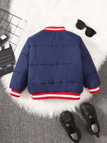 Toddler Boys Striped Trim Zipper Puff Bomber Jacket - Navy Blue - View 2