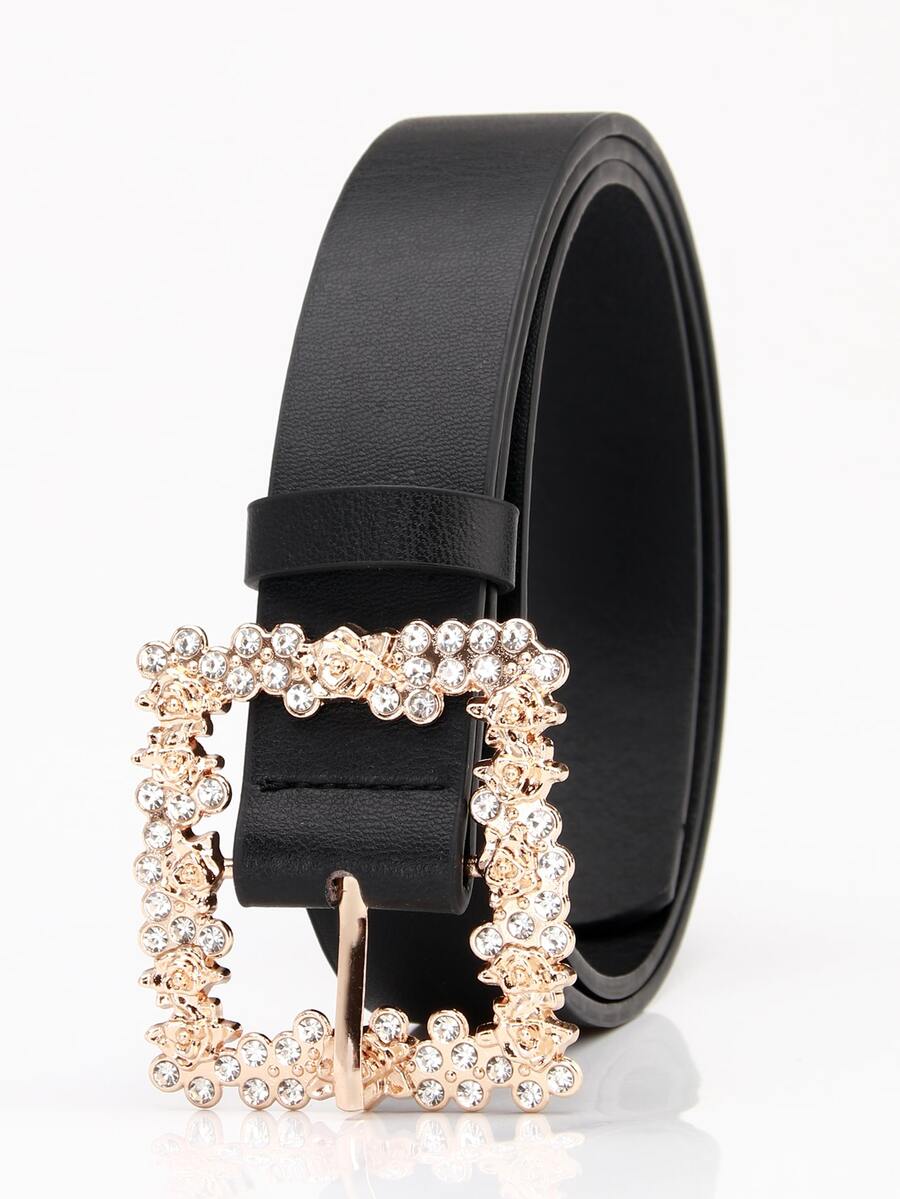 Cinturón con diseño de diamante de imitación con hebilla cuadrada - Negro - Ver 1