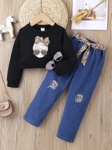 Toddler Girls Figure Graphic Pullover & Ripped Belted Jeans - Multicolor - View 1