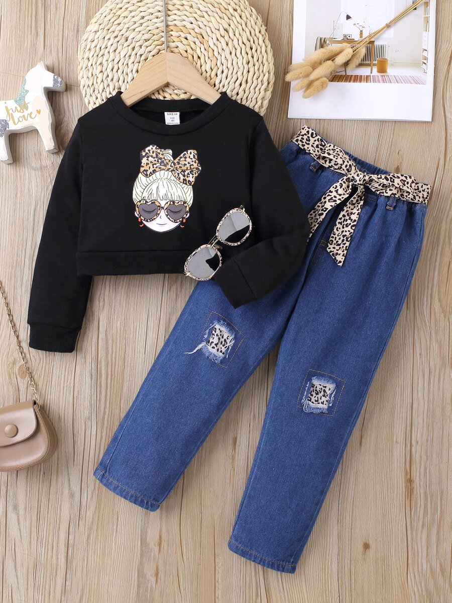 Toddler Girls Figure Graphic Pullover & Ripped Belted Jeans - Multicolor - View 1