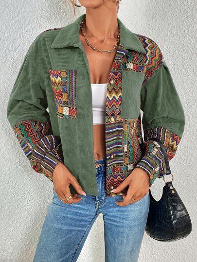 LanaWest Geo Print Drop Shoulder Corduroy Jacket Fall Winter Cloth For Women