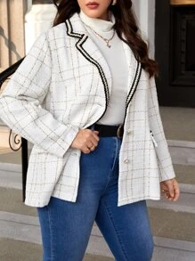 SHEIN Privé Plus Grid Print Contrast Tape Shawl Collar Blazer - White - View 2