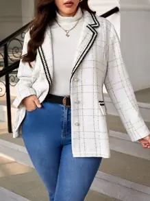 SHEIN Privé Plus Grid Print Contrast Tape Shawl Collar Blazer - White - View 1