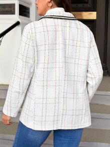 SHEIN Privé Plus Grid Print Contrast Tape Shawl Collar Blazer - White - View 4