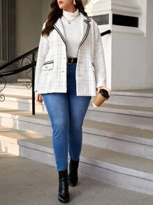 SHEIN Privé Plus Grid Print Contrast Tape Shawl Collar Blazer - White - View 3