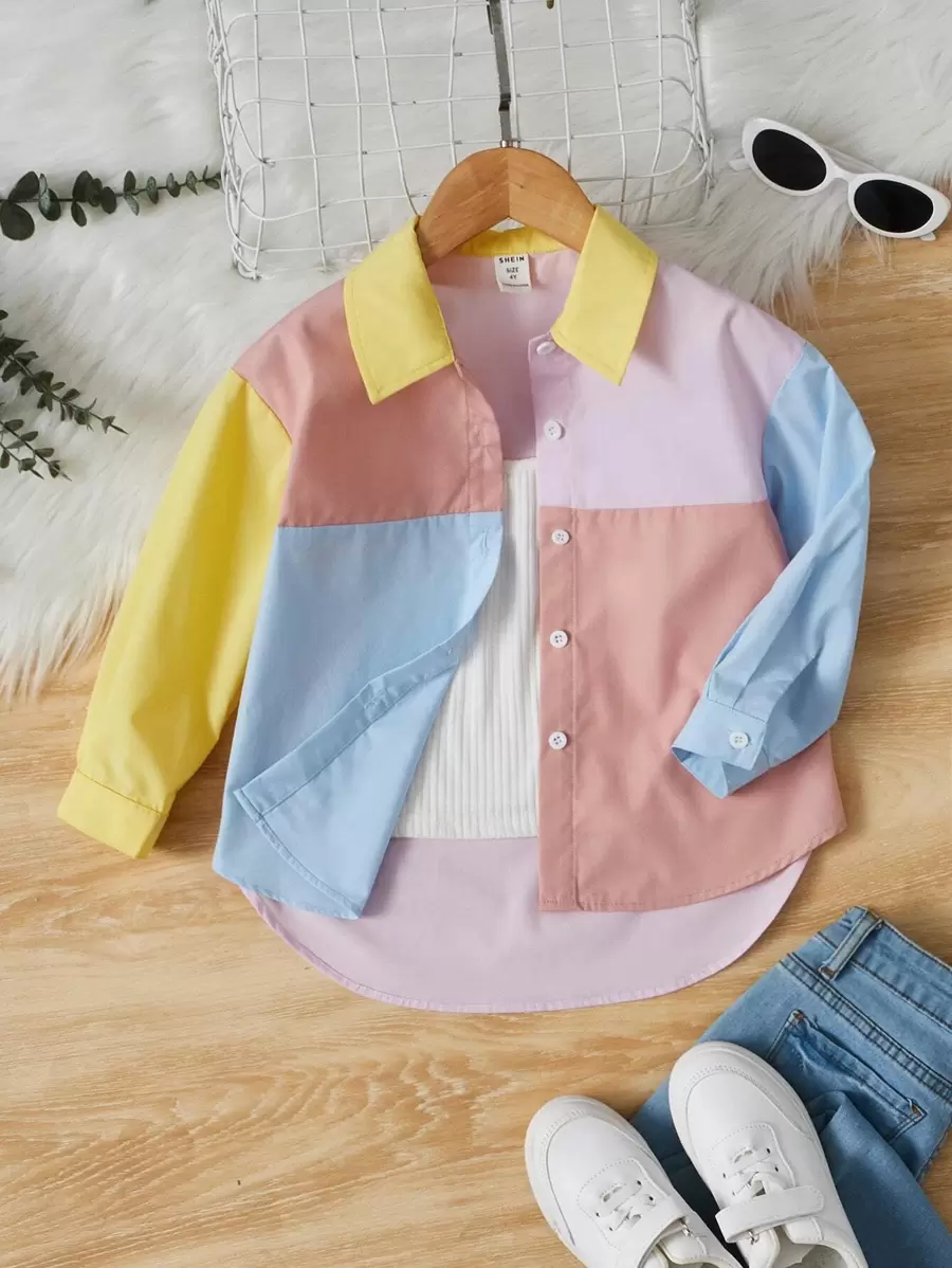 SHEIN 小女童撞色高低下擺襯衫不帶T恤 - 彩色 - 查看 1