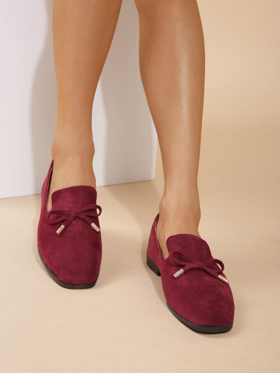 Bow Decor Faux Suede Flat Loafers - Maroon - View 1