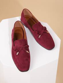 Bow Decor Faux Suede Flat Loafers - Maroon - View 2