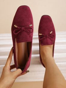 Bow Decor Faux Suede Flat Loafers - Maroon - View 3